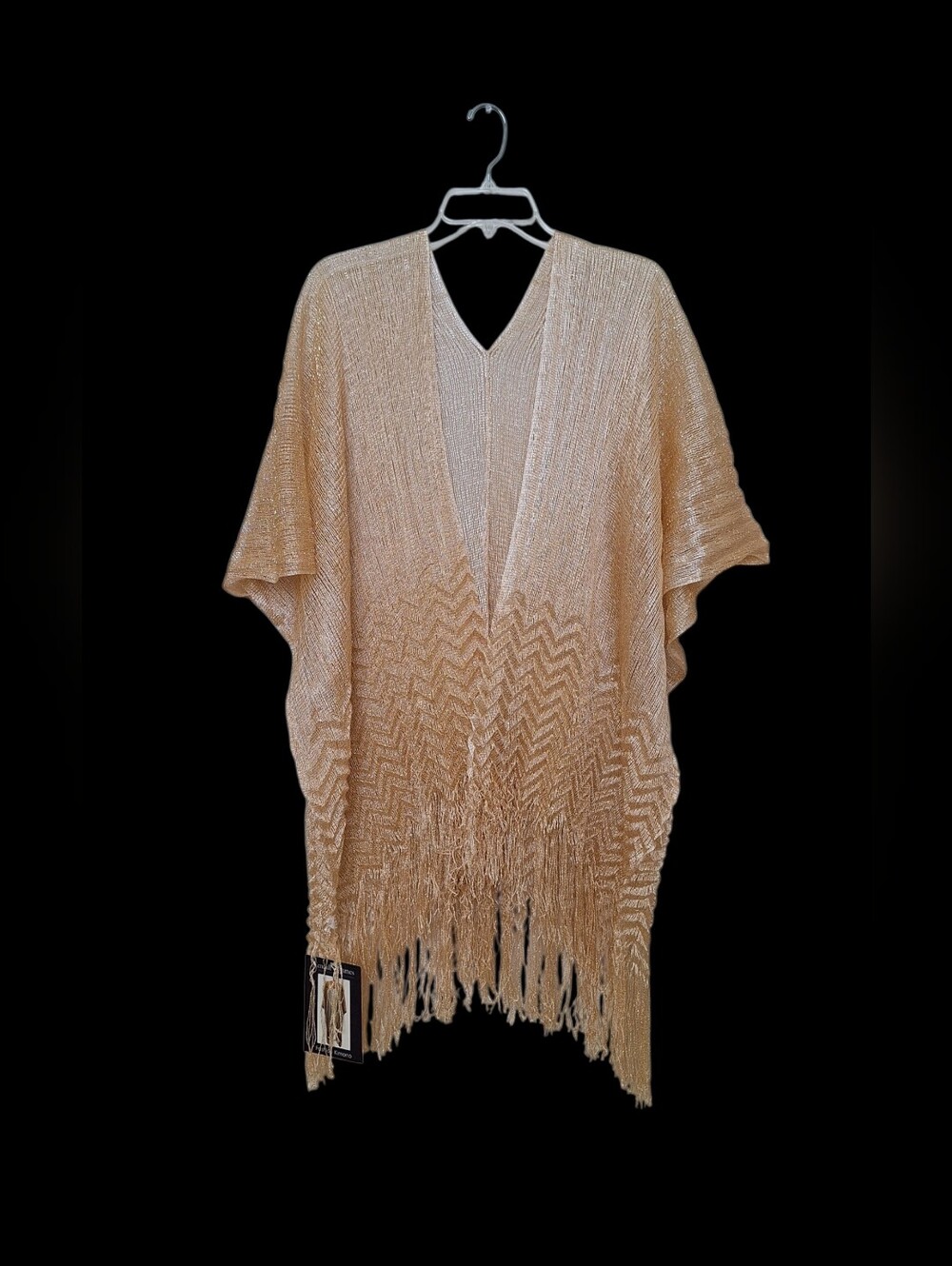 Kendall & James Kimono Fringe Mesh Knit Wrap Poncho Cape Cover Up Gold Long NWT